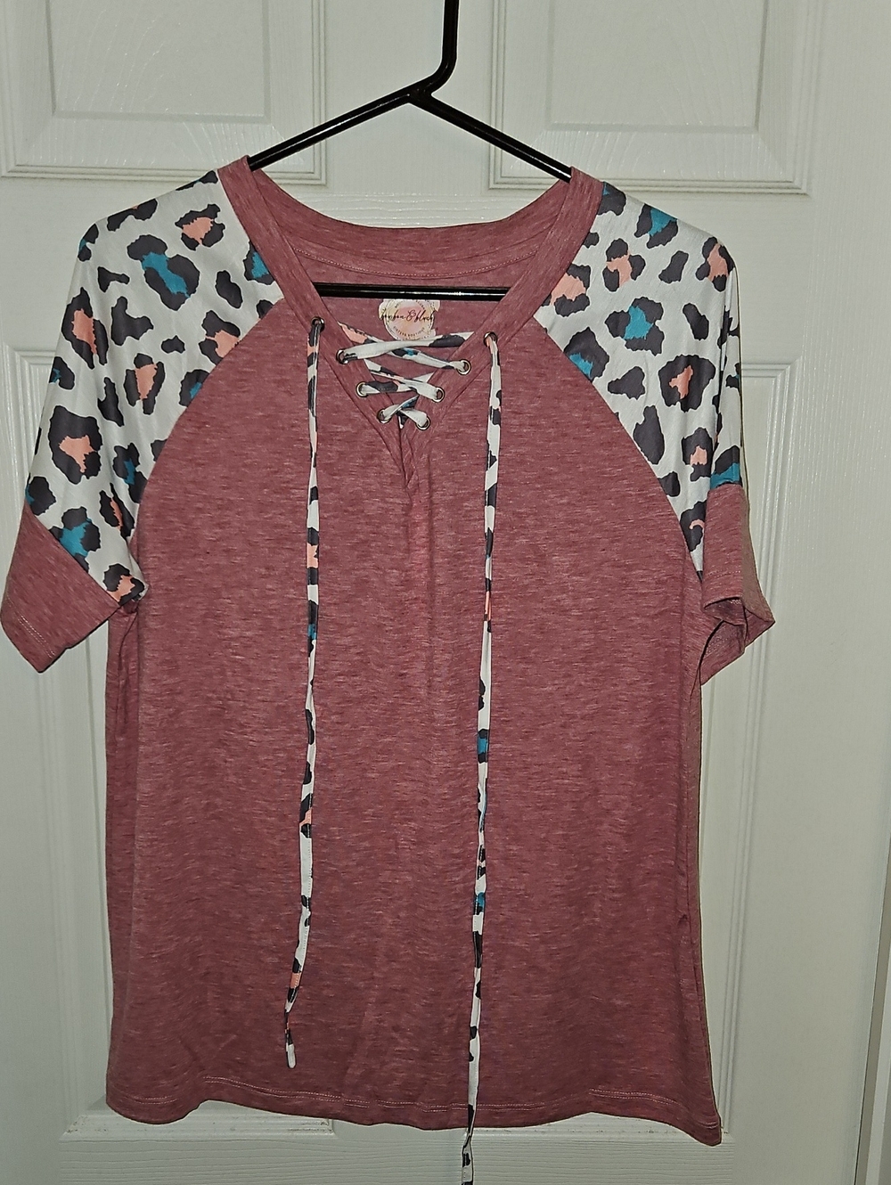 Lace-Up Short Sleeve Top in Dusty Rose with Leopard Accent